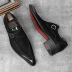 Classic Solid Black Men's Plain Toe Real Leather Monk Strap Shoes for Business