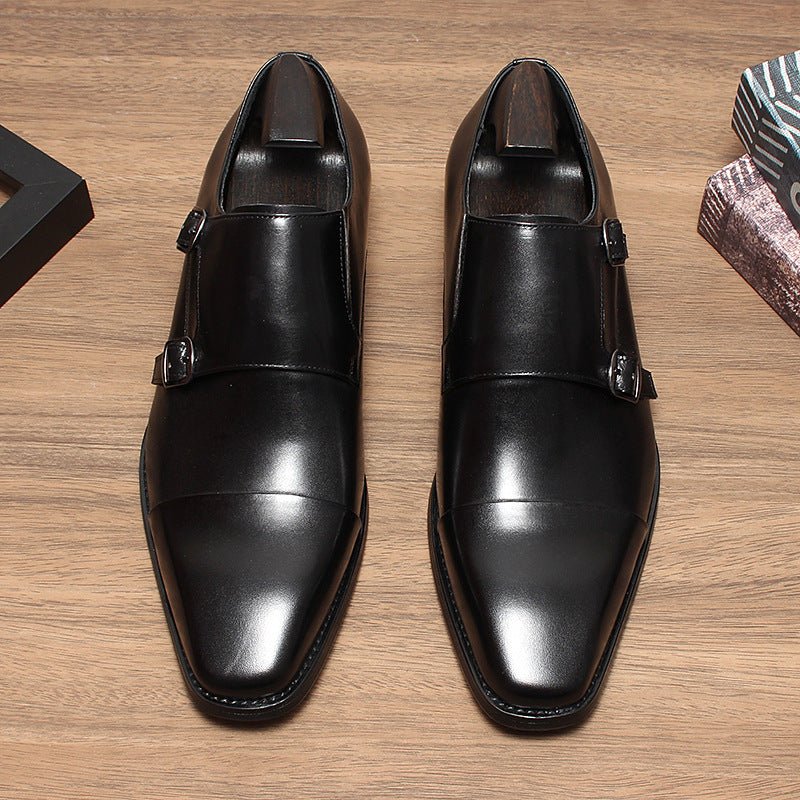 Black Men's Double Monk Strap Genuine Leather Dress Shoes for Business