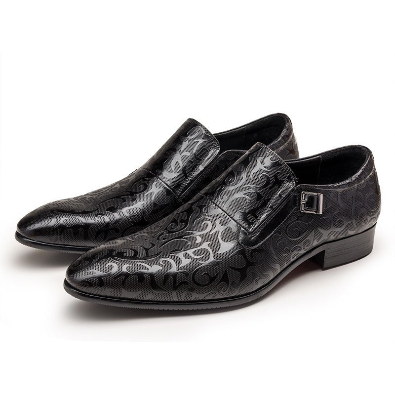 Black Men's Engraved Real Leather Monk Strap Shoes for Business Professionals