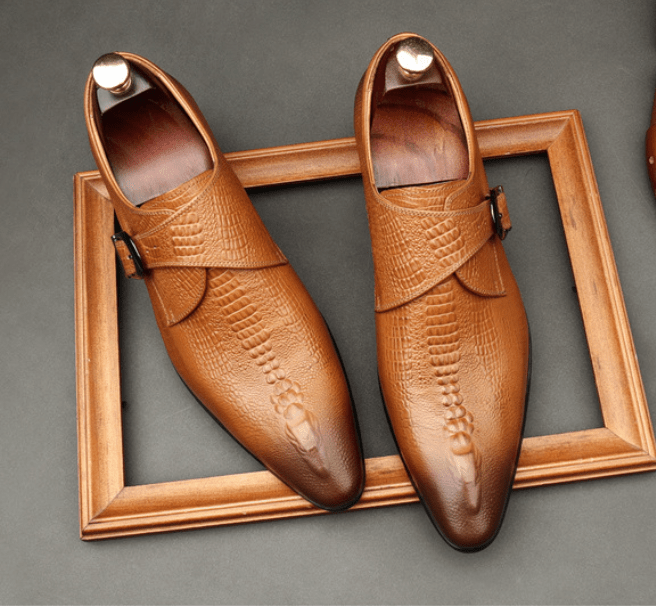 Rich Brown Crocodile Leather Single Monk Strap Shoes for Grooms and Parties