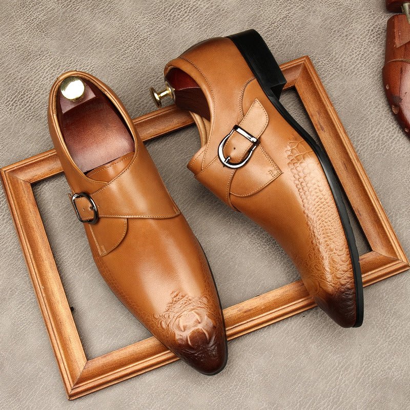 Rich Brown Crocodile Leather Single Monk Strap Shoes for Grooms and Parties