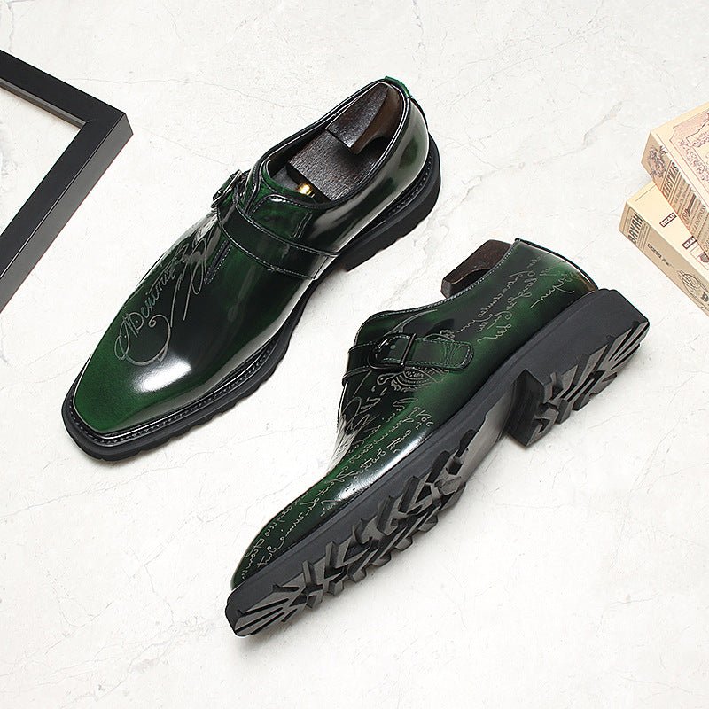 Emerald Green Men's Platform Sole Genuine Leather Monk Strap Dress Shoes