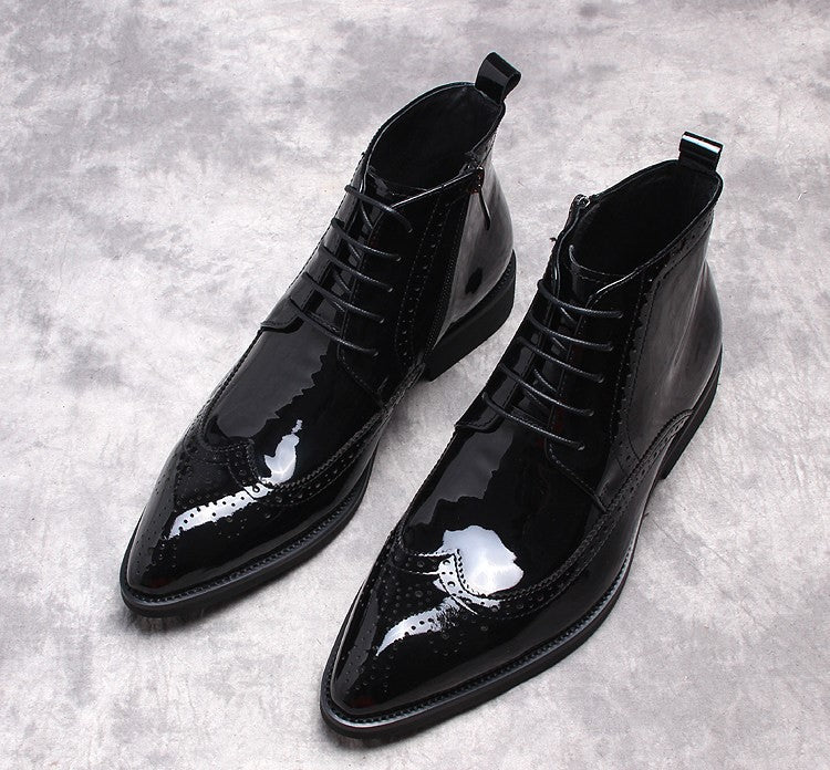 Men's black formal dress boots with side zipper, lace-up front, glossy finish