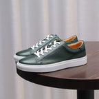 Men's genuine leather lace-up sneakers, green upper with white rubber sole