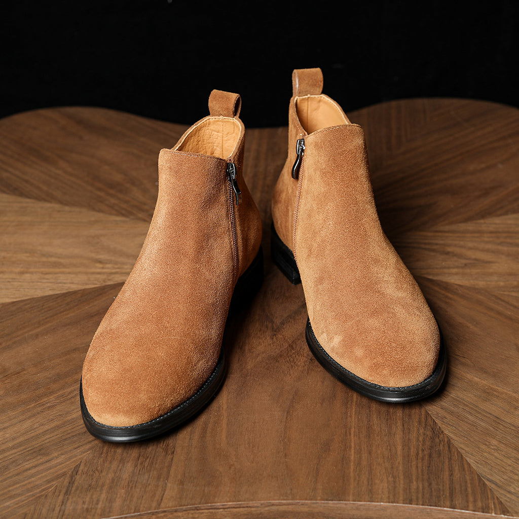 Men's pointed-toe leather side-zip dress boots, pair view, brown suede and black sole