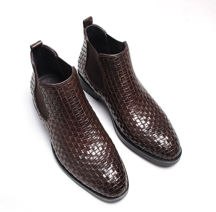 Men's dark brown woven leather Chelsea boots, slip-on style with elastic gore
