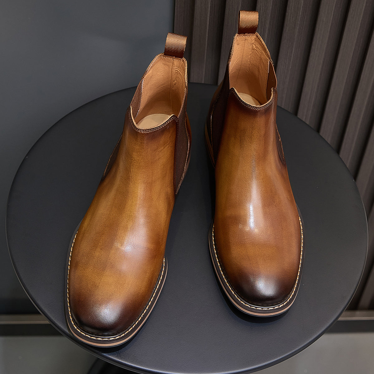 Men's suede chelsea dress boots pair, brown, pull-on ankle height