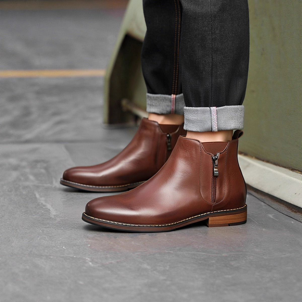 Men's Leather Plain Toe Side-Zip Chelsea Dress Boots