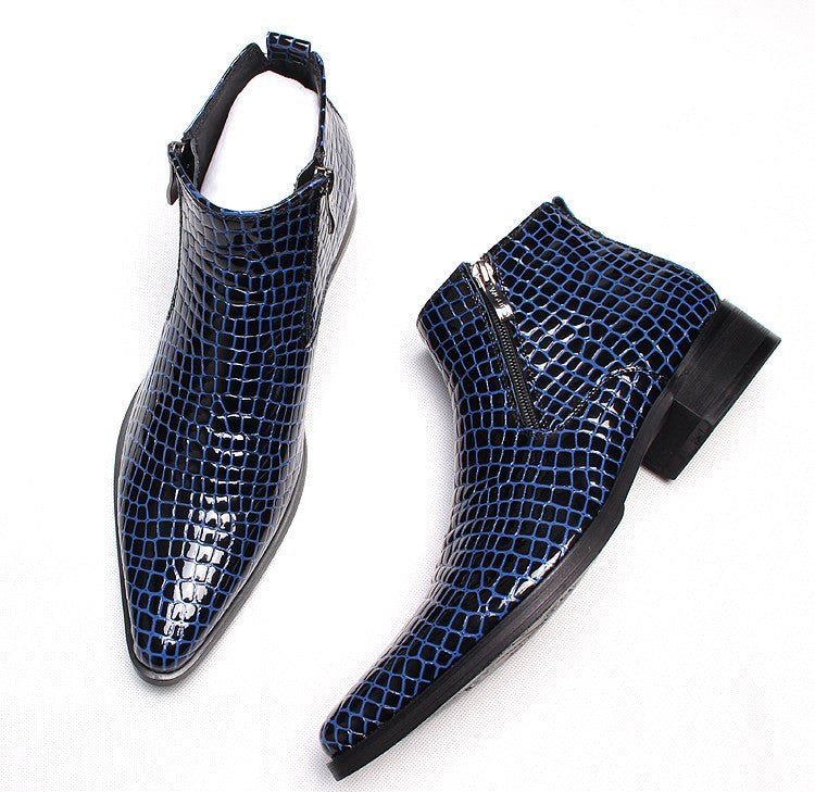 Men's leather side-zip dress boots, blue crocodile texture, side and heel view, thick sole