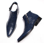 Men's leather side-zip dress boots, blue crocodile texture, side and heel view, thick sole