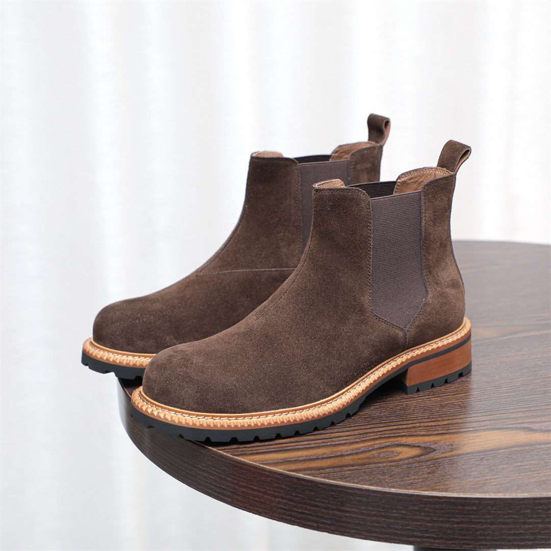 Round Plain Toe Suede Contrast-Welt Chelsea Boots for Men