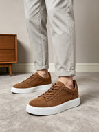 Men's genuine leather sneakers, brown lace-up shoes with white soles