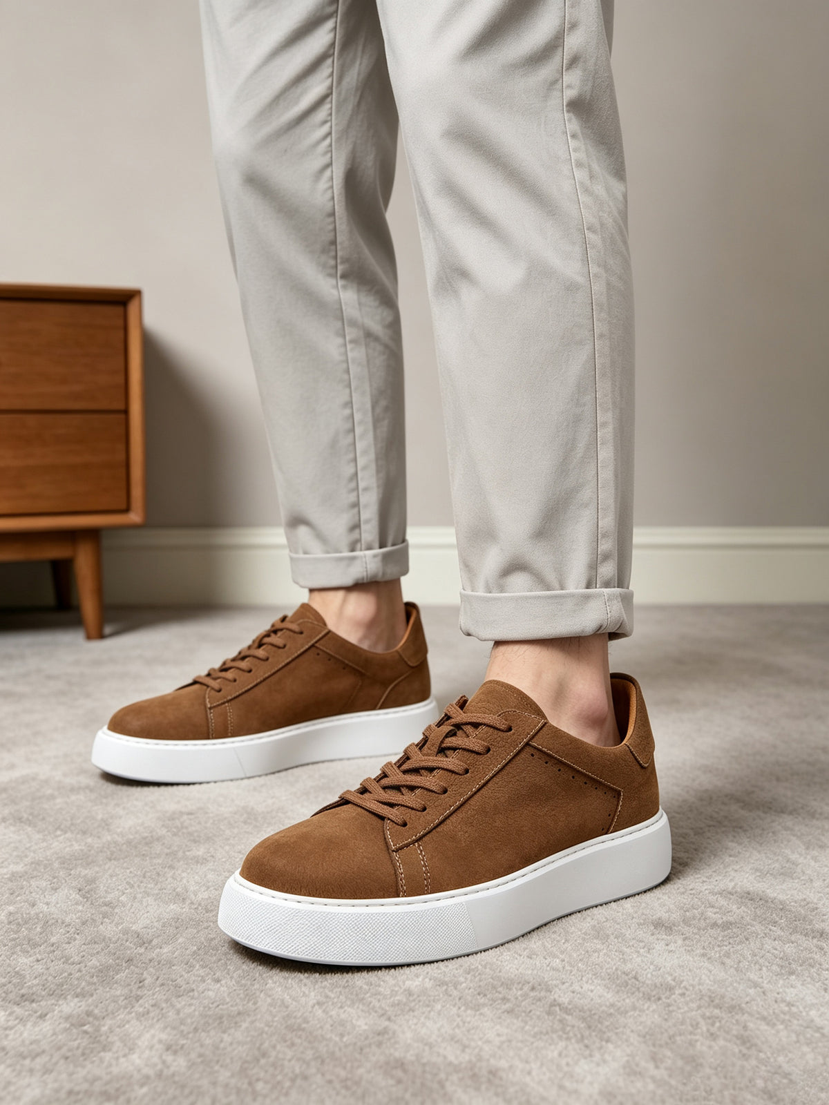 Men's genuine leather sneakers, brown lace-up shoes with white soles