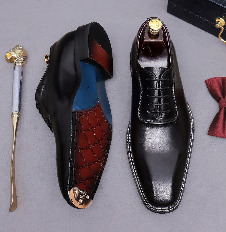 Men's chunky lug sole oxford shoes, black upper with red and blue interior lining detail.