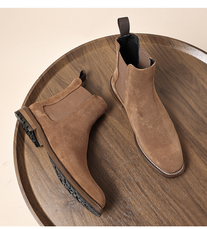 Tan suede Chelsea dress boots with elastic gore and stitched edge sole