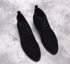 Men's lace-up dress boots, dark suede, round toe, low heel