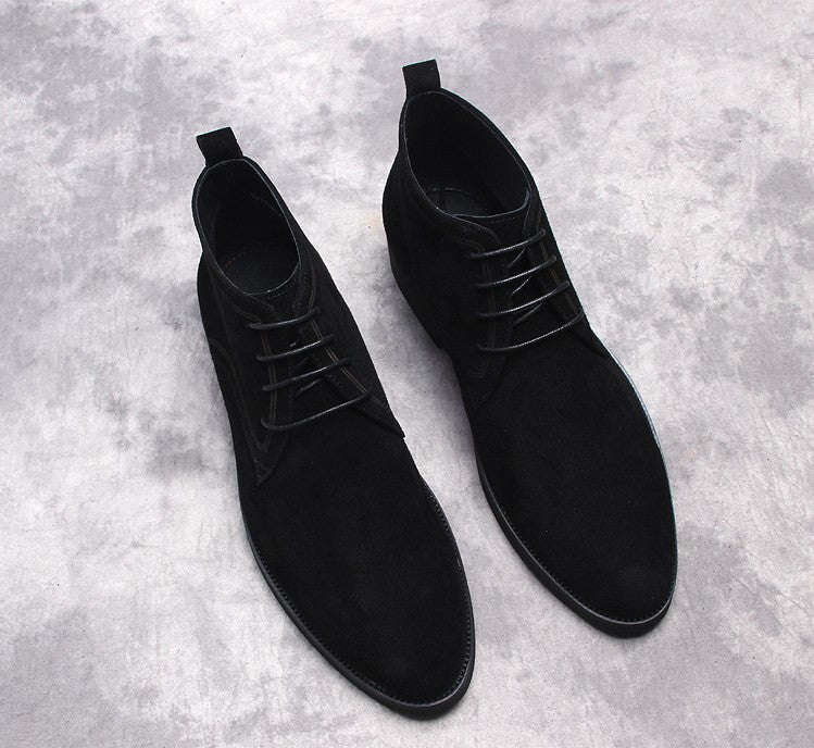 Men's lace-up dress boots, dark suede, round toe, low heel