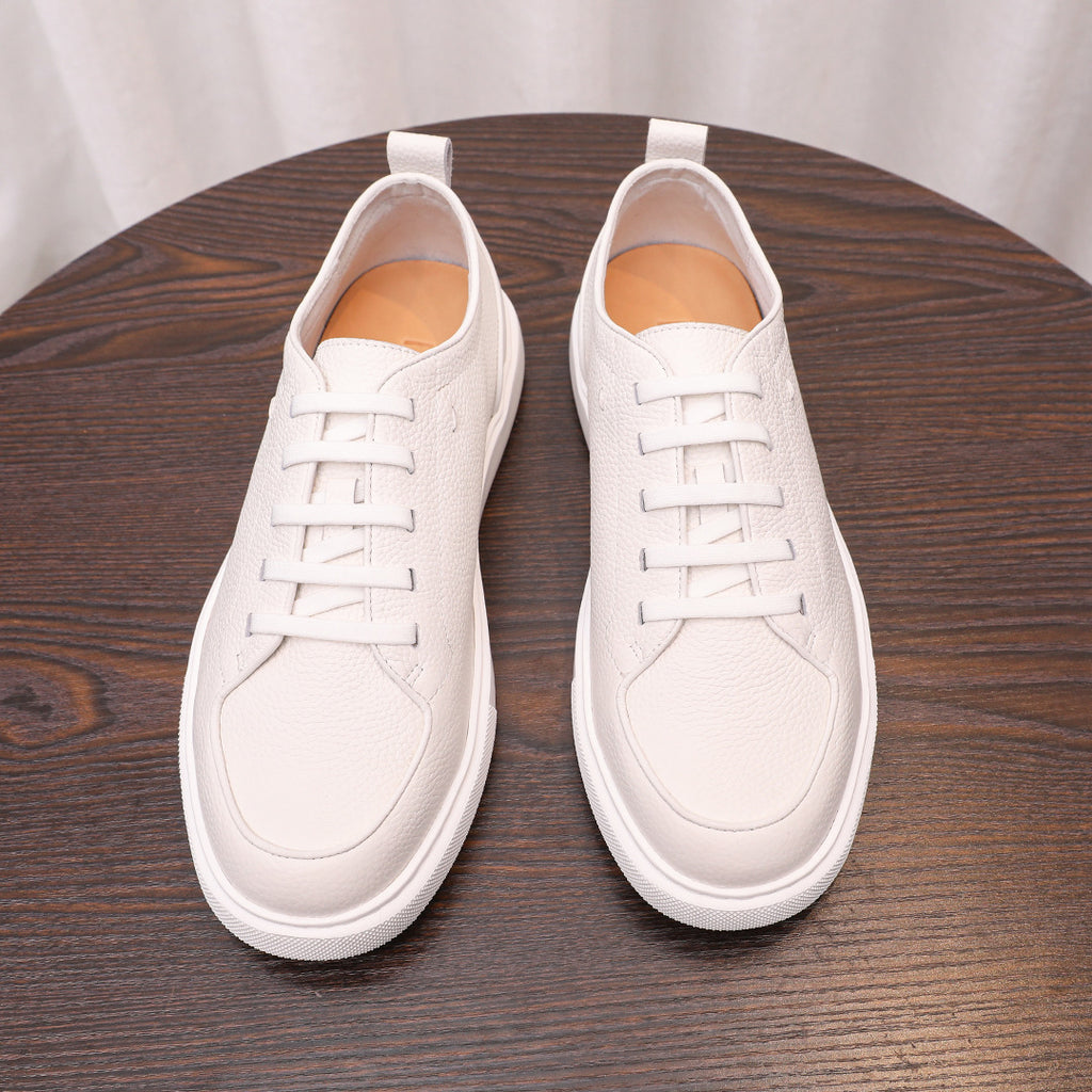 Men's genuine leather sneakers, white low-top lace-up shoes shown from front