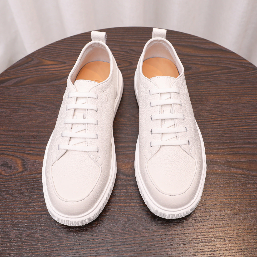 Men's genuine leather sneakers, white low-top lace-up shoes shown from front