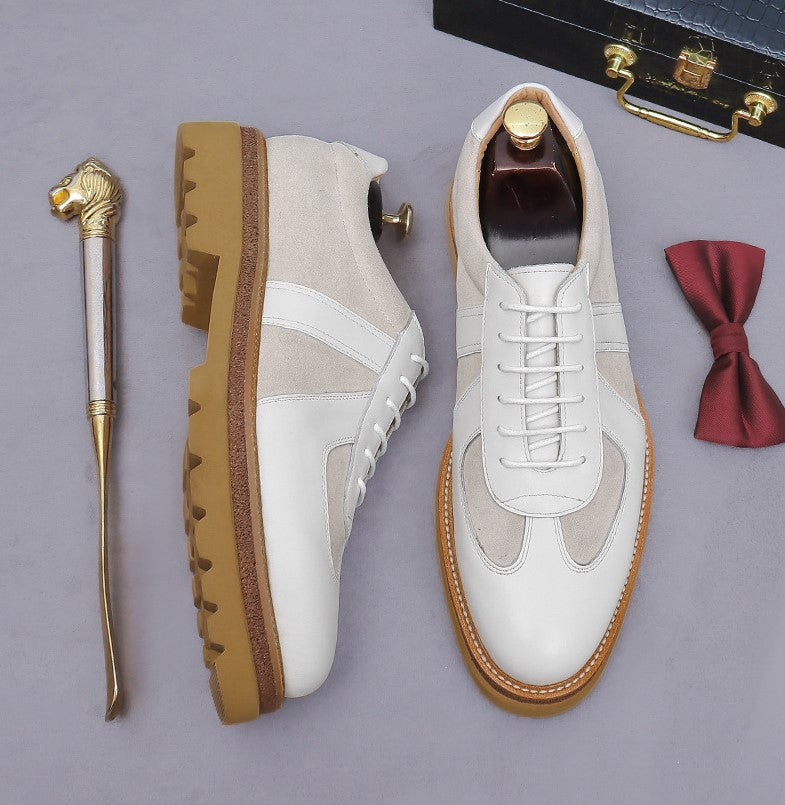 Men's white suede and leather lace-up sneakers with tan sole and side panels