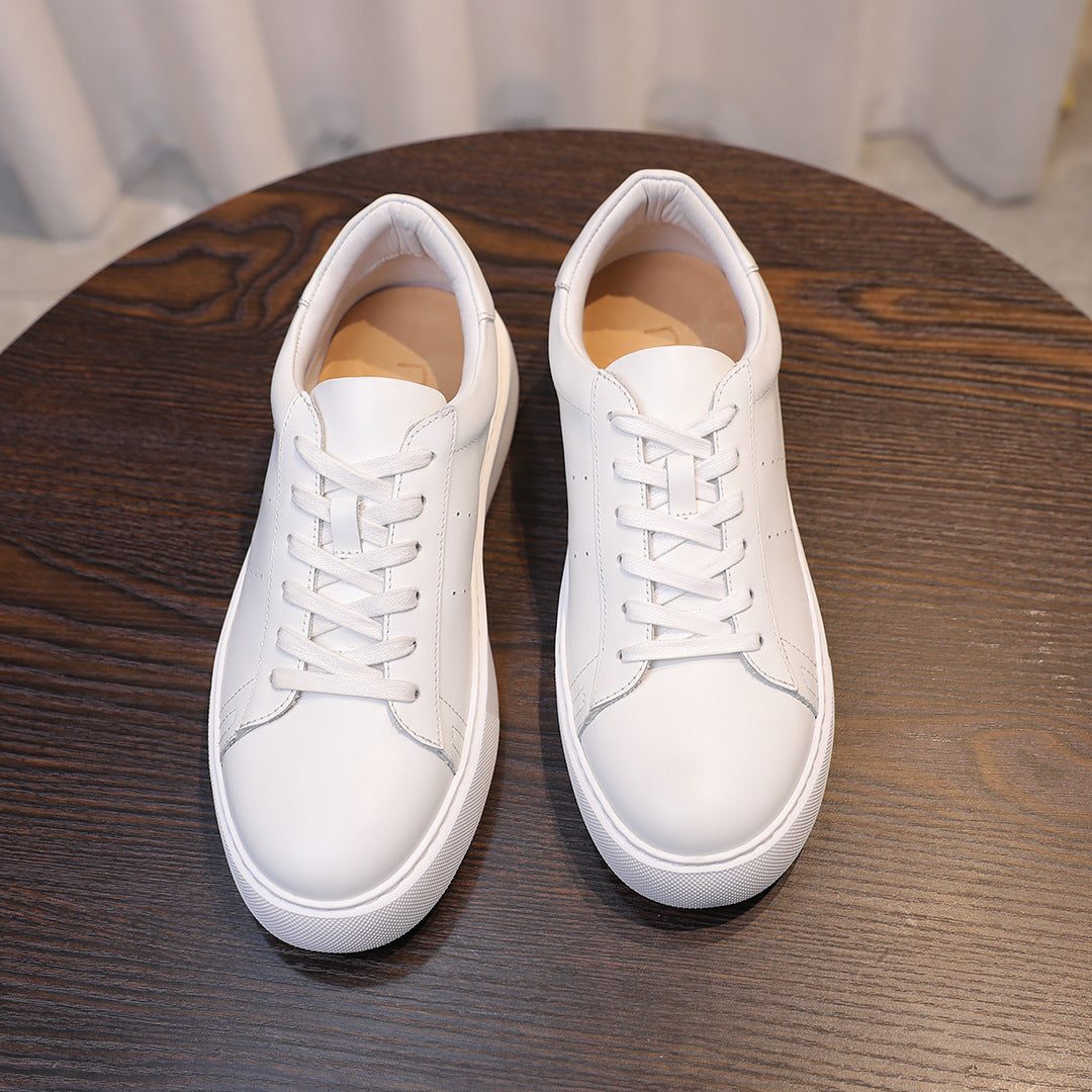 Men's genuine leather sneakers, white lace-up low-top with padded tongue and collar