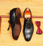 Men's Burnished Pointed Toe Tassel Leather Loafers