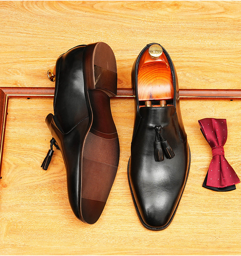 Men's Burnished Pointed Toe Tassel Leather Loafers