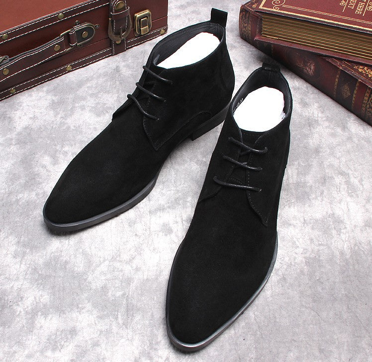 Black suede lace-up dress boots, top view showing lace-up closure and stitched vamp