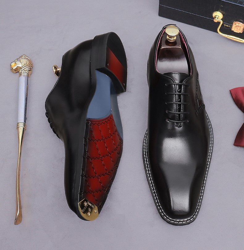 Black wingtip brogue oxford shoes, lace-up, showing red interior lining