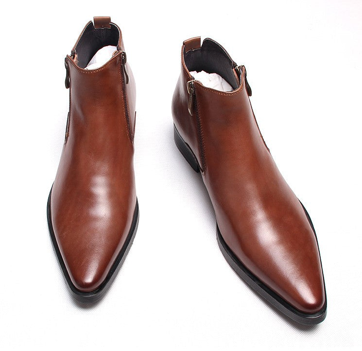 Men's brown leather formal boots with side zipper and thick sole, angled pair