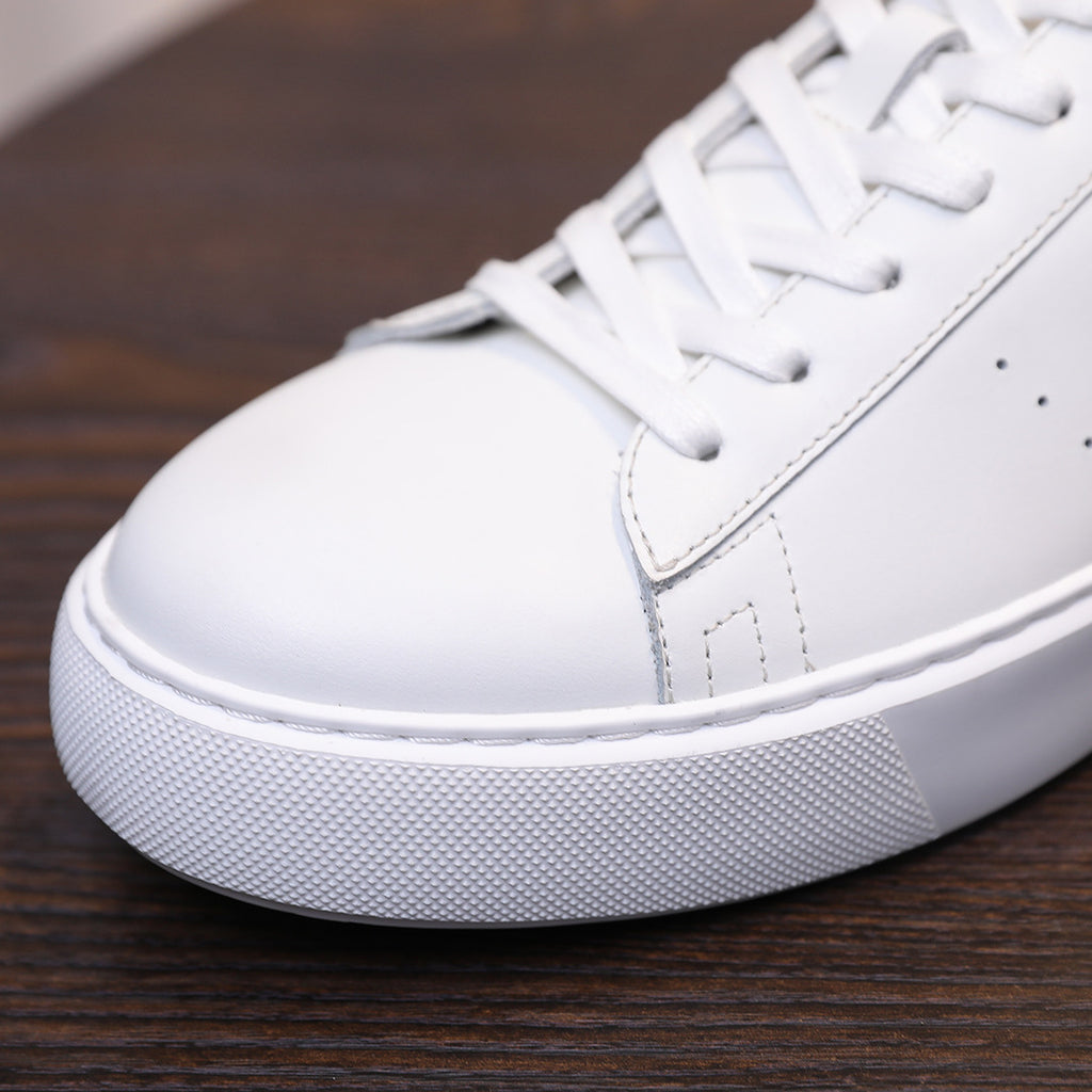 Men's leather sneakers, white, close-up of toe stitching, laces, and textured sole