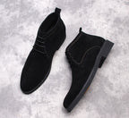 Men's lace-up ankle boots, dark suede, with side elastic gore and low heel