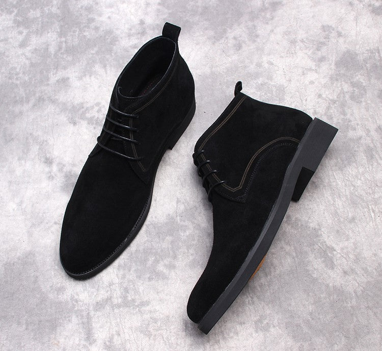 Men's lace-up ankle boots, dark suede, with side elastic gore and low heel