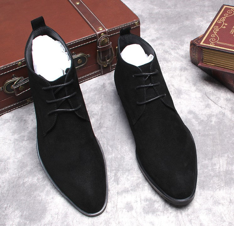 Black suede lace-up dress boots, front view showing tongue and lace closure
