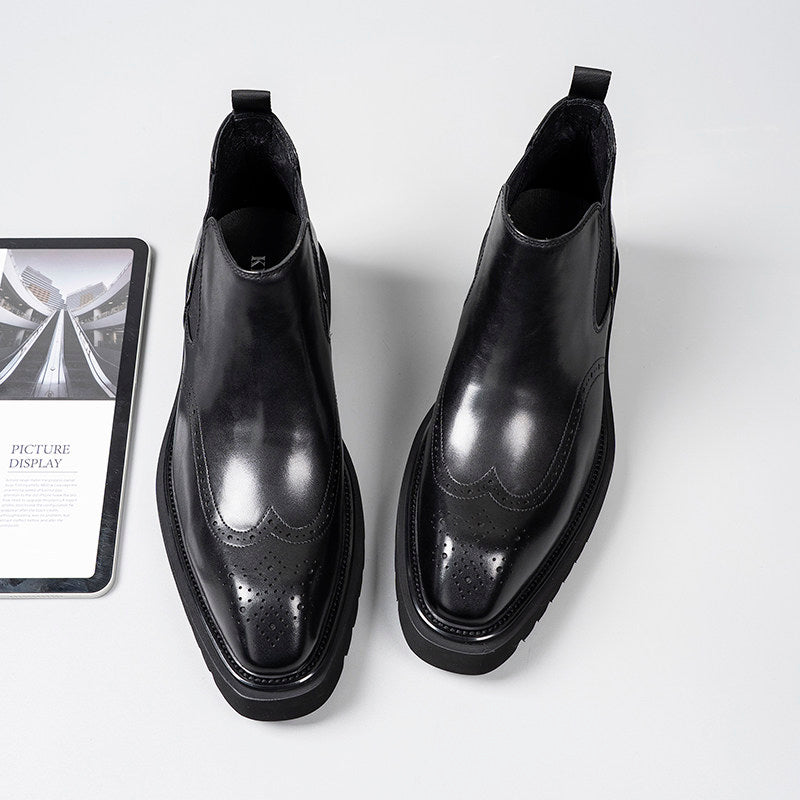 Black leather Chelsea dress boots, rounded toe, perforated detailing, elastic side gore panels