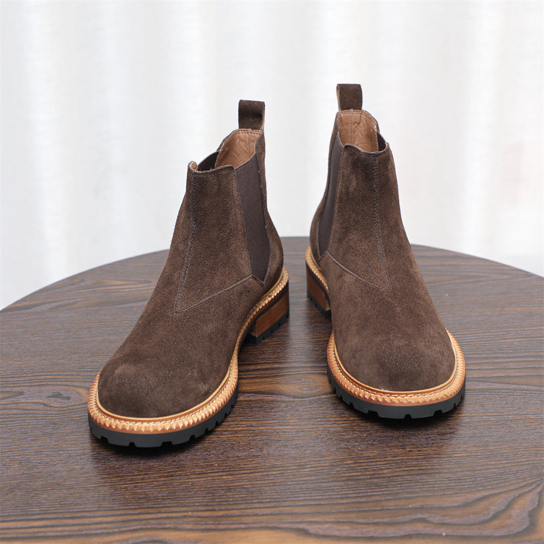 Round Plain Toe Suede Contrast-Welt Chelsea Boots for Men