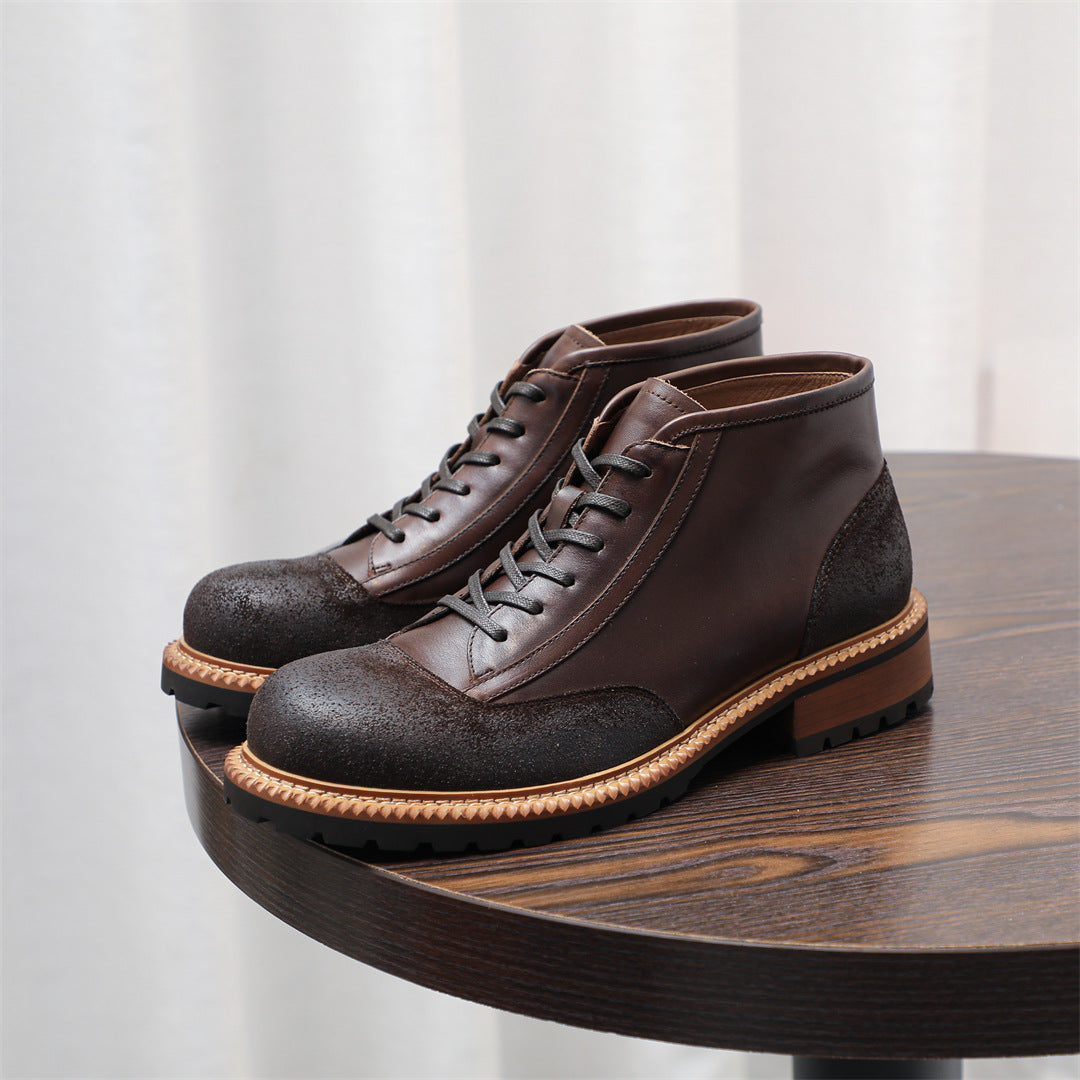 Men's Leather Textured Cap Toe Lug Sole Lace-Up Boots
