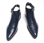 Men's leather side-zip dress boots, blue crocodile texture, top openings visible, thick sole