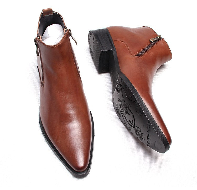 Men's brown leather side-zip ankle boots with thick sole, side profile