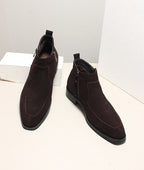 Dark brown suede ankle boots with side zip, stitched detailing and block heel sole