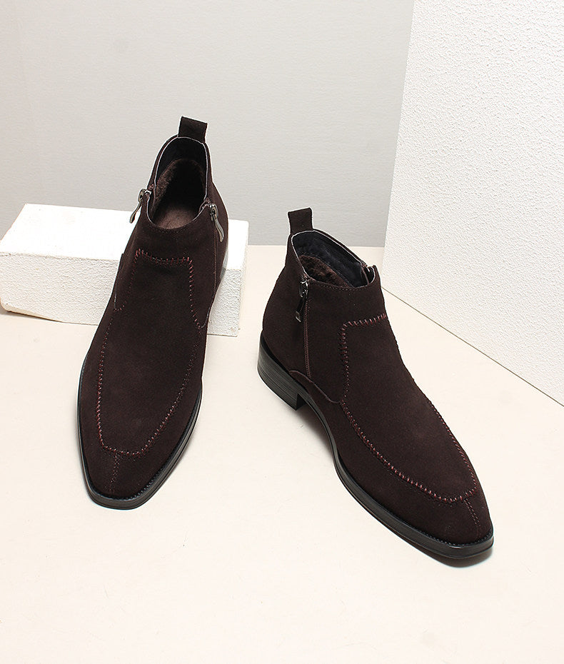 Dark brown suede ankle boots with side zip, stitched detailing and block heel sole