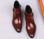 Men's burgundy leather formal dress boots with side zippers and thick sole.