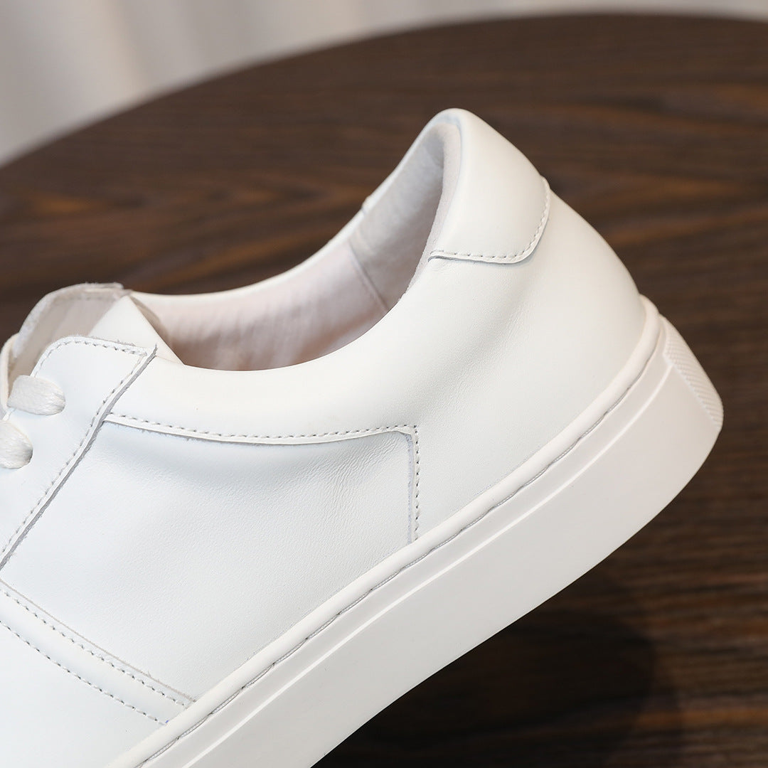 White leather sneaker close-up of side profile and stitched upper
