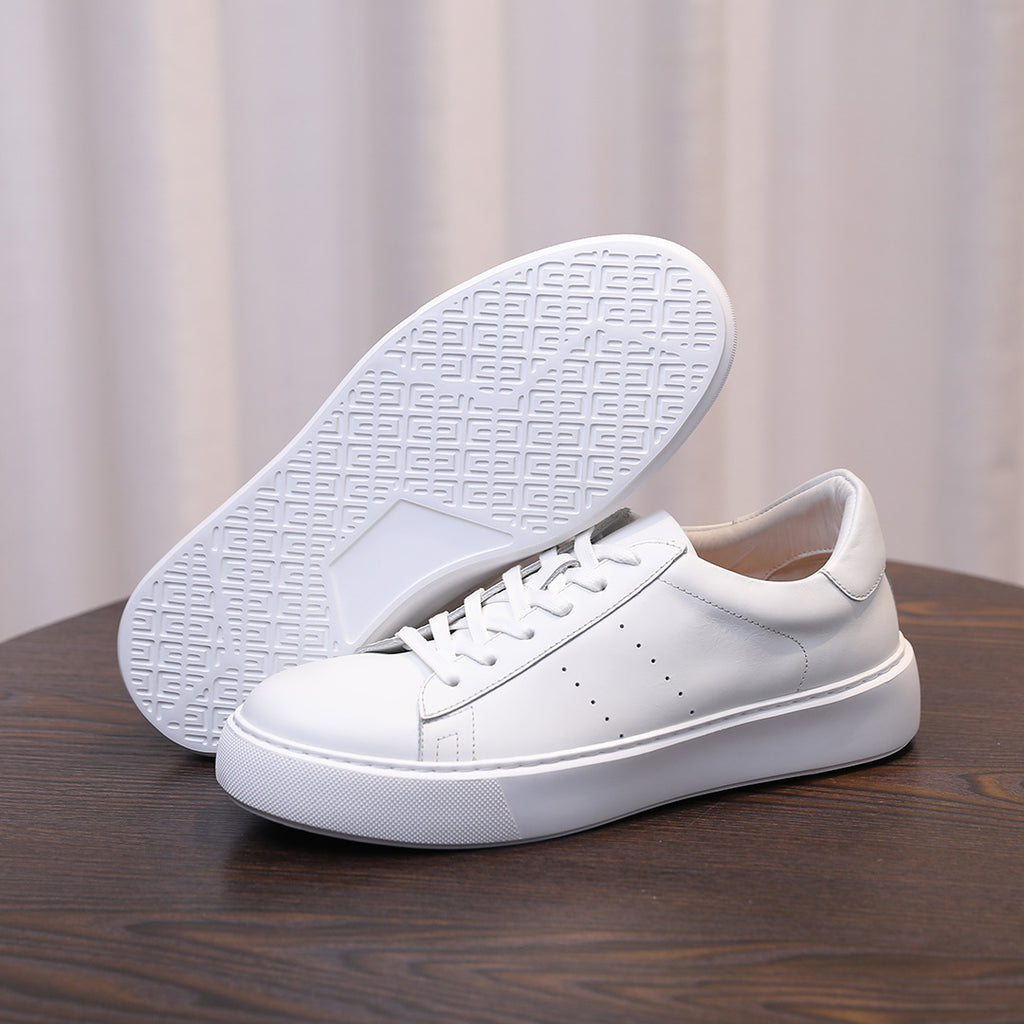 Men's white genuine leather sneakers, lace-up low-top with textured rubber outsole