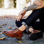 Men's dark-brown leather lace-up chukka boots with plain toe and padded collar