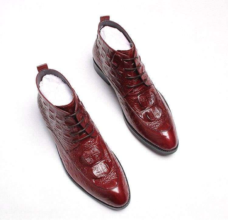 Burgundy lace-up dress boots, front view with textured leather and wingtip stitching