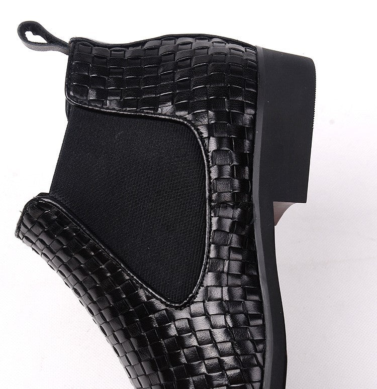 Black leather side-zip dress boot cuff with woven texture and elastic side panel