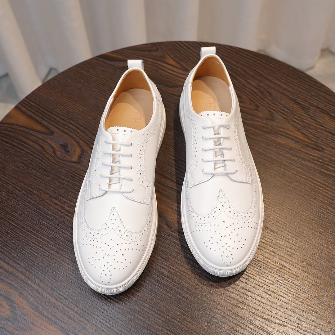 Men's genuine leather sneakers, white leather lace-up shoes with perforated toe and tan lining.