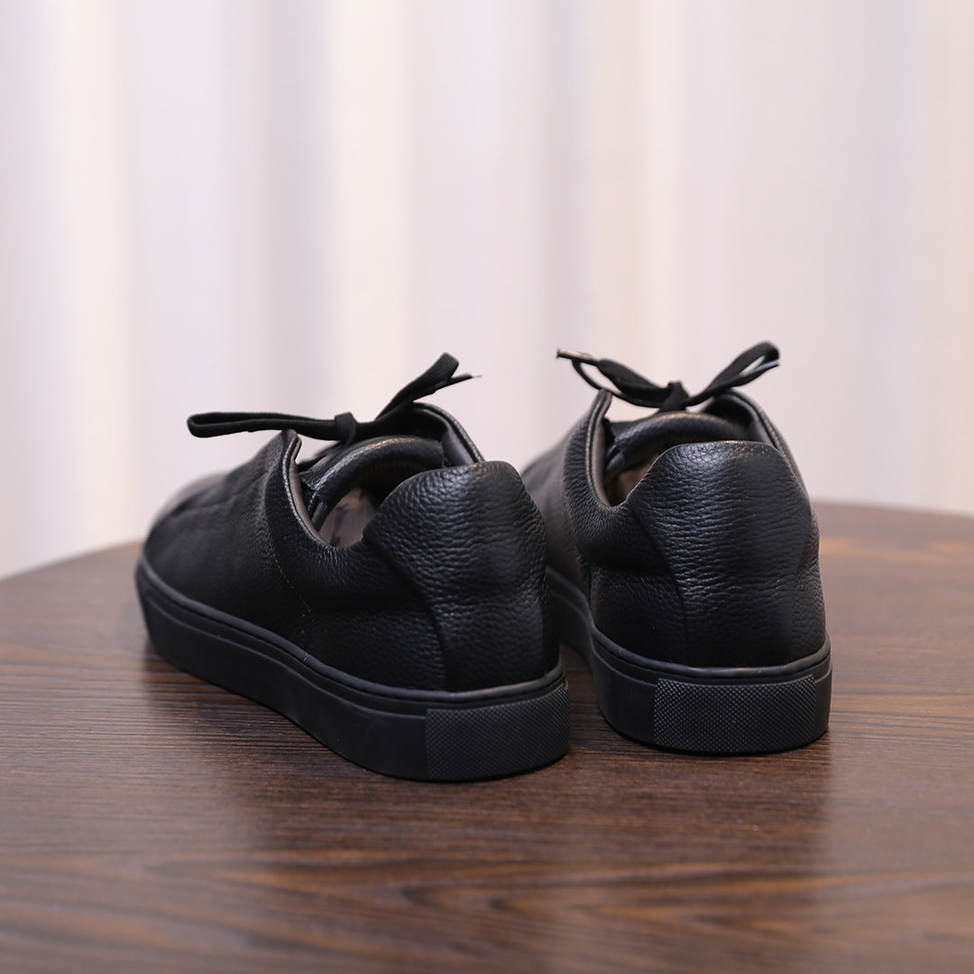 Men's black genuine leather sneakers, lace-up low-top with rubber sole