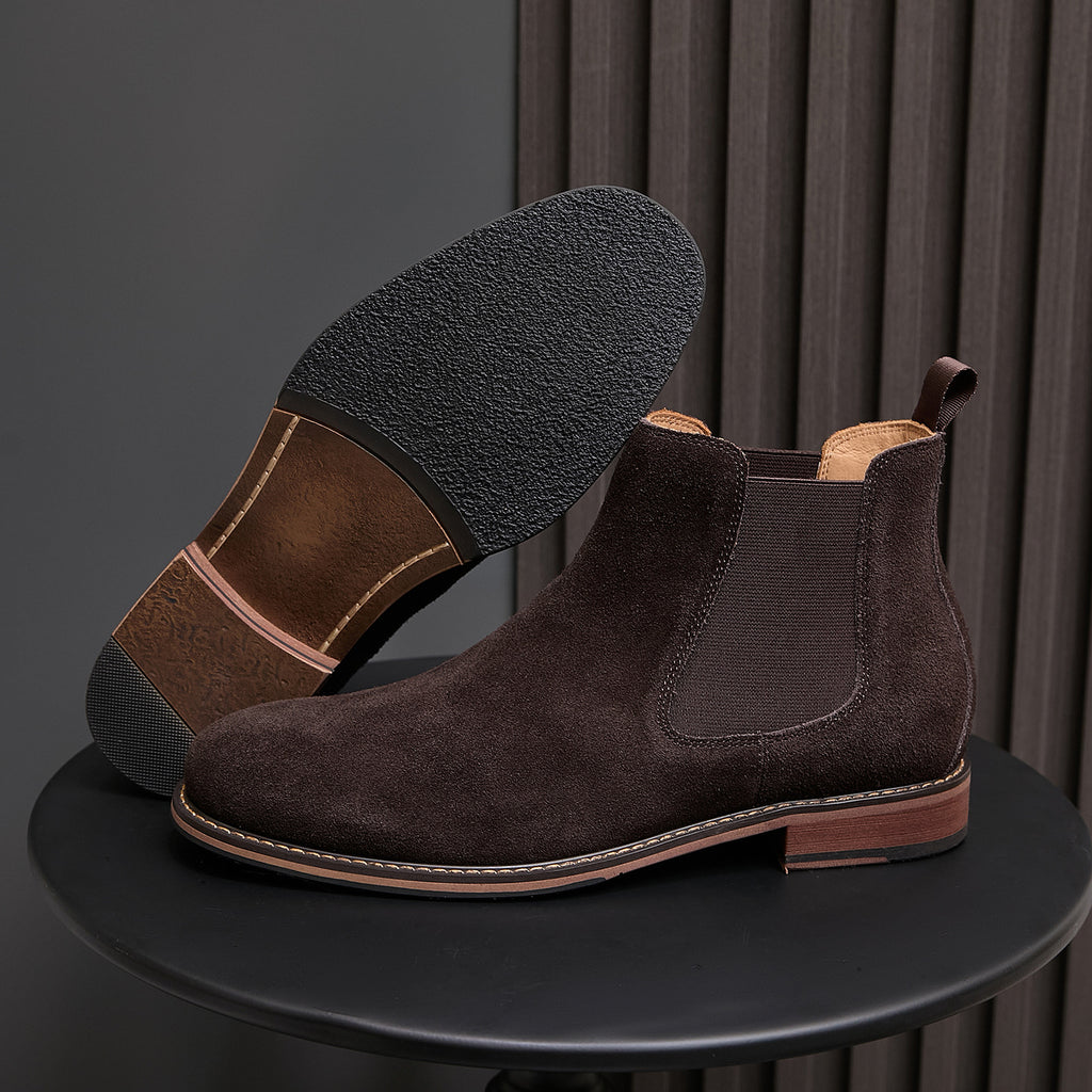 Pointed-toe suede Chelsea dress boots, dark brown, with side elastic panels and low heel